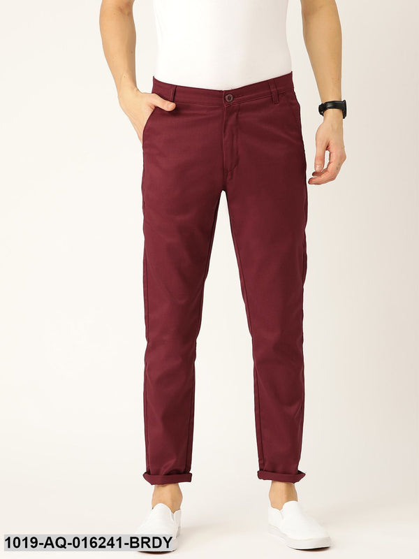 Men's Cotton Blend Burgundy Solid Casual Trousers - Sojanya