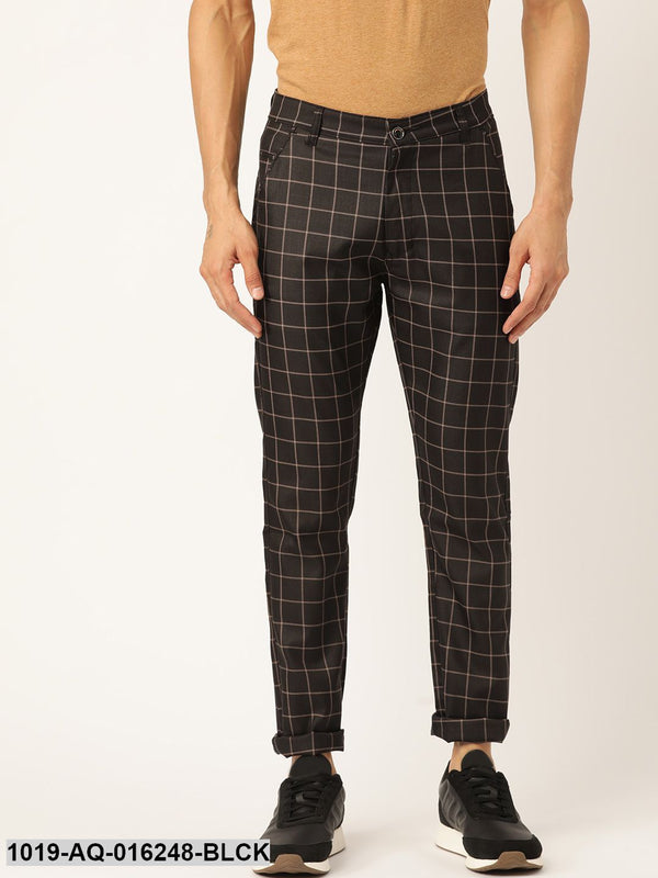 Men's Cotton Blend Black & Beige Checked Casual Trousers - Sojanya