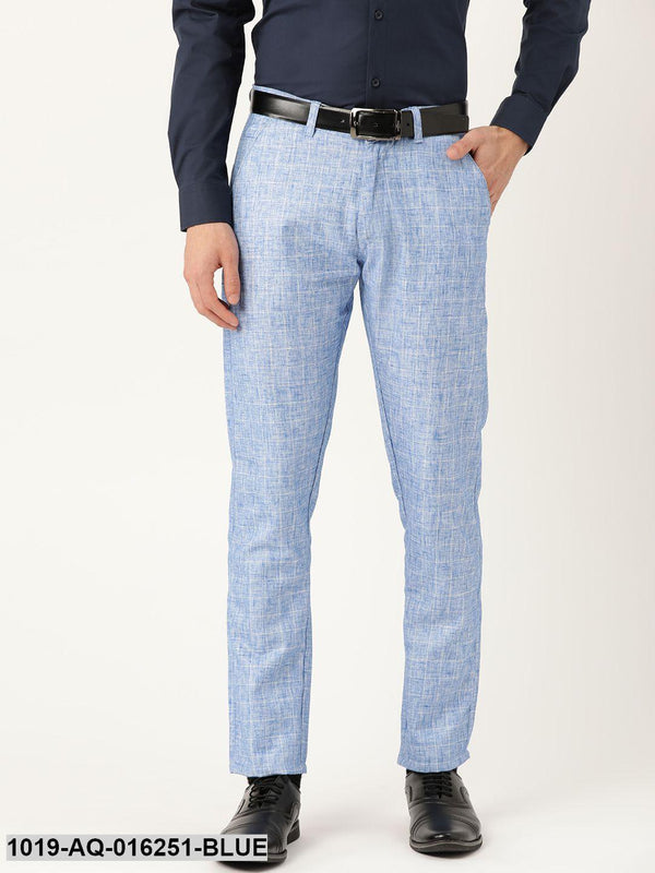 Men's Cotton Blend Blue & Off White Checked Formal Trousers - Sojanya - Indiakreations