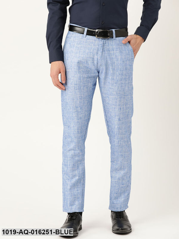 Men's Cotton Blend Blue & Off White Checked Formal Trousers - Sojanya