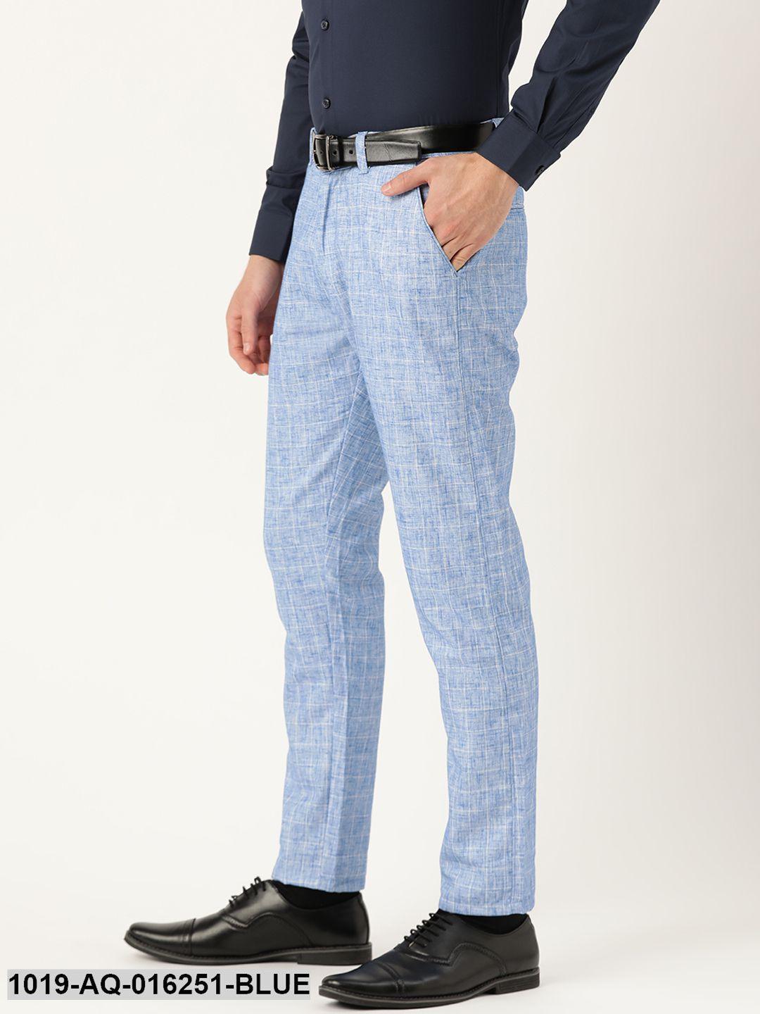 Men's Cotton Blend Blue & Off White Checked Formal Trousers - Sojanya - Indiakreations