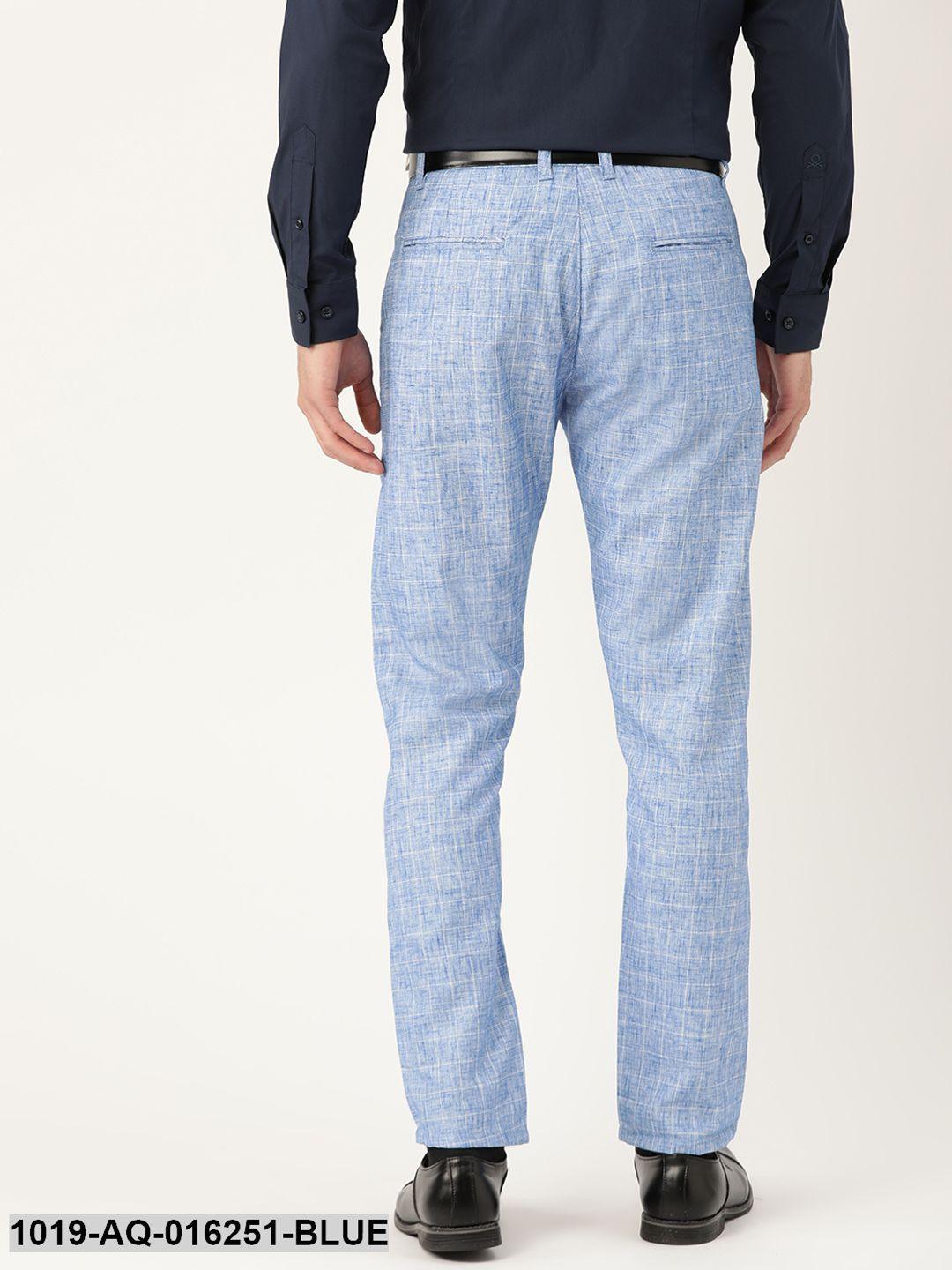 Men's Cotton Blend Blue & Off White Checked Formal Trousers - Sojanya - Indiakreations