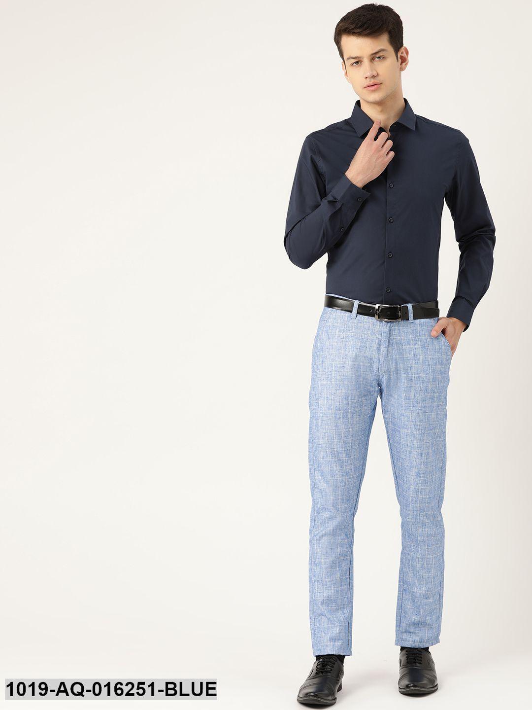 Men's Cotton Blend Blue & Off White Checked Formal Trousers - Sojanya - Indiakreations