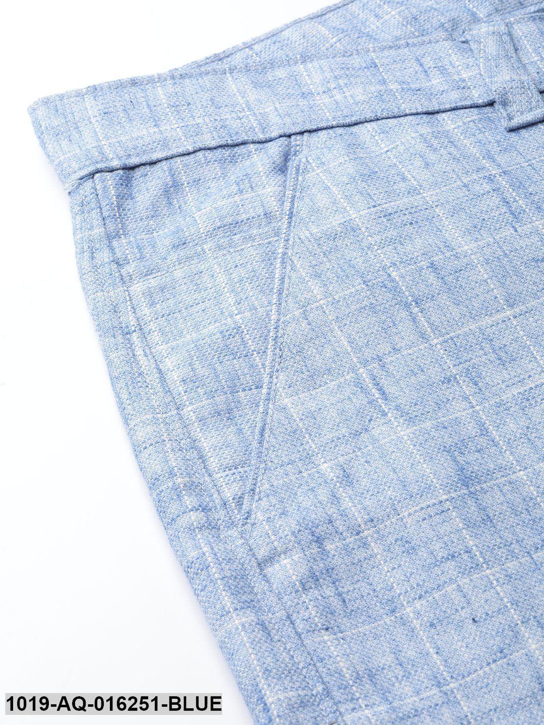 Men's Cotton Blend Blue & Off White Checked Formal Trousers - Sojanya - Indiakreations