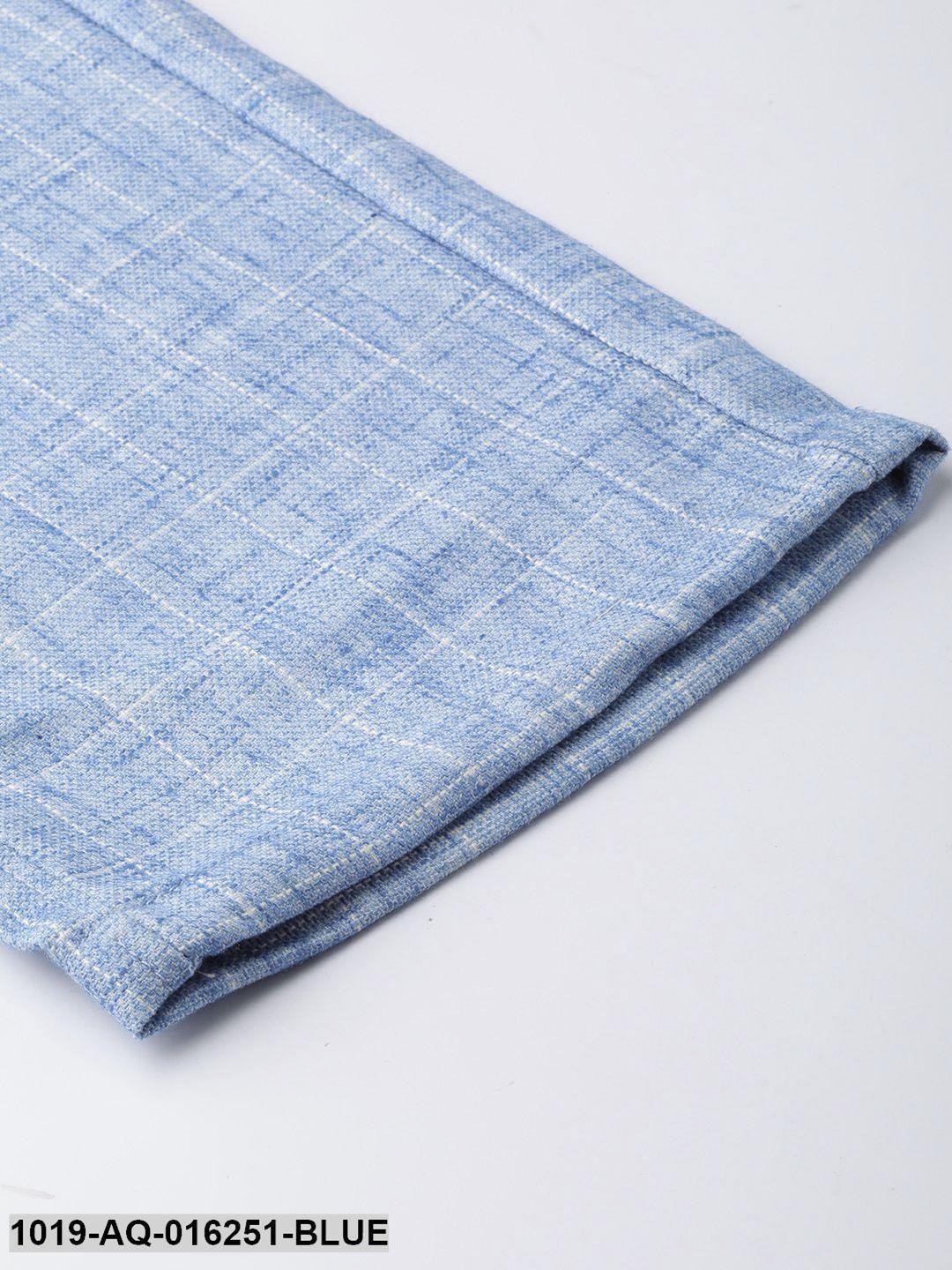 Men's Cotton Blend Blue & Off White Checked Formal Trousers - Sojanya - Indiakreations