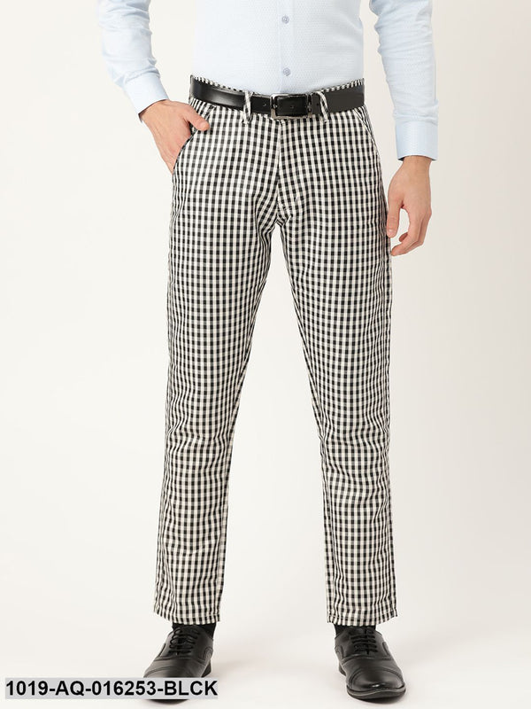 Men's Cotton Blend Black & White Checked Formal Trousers - Sojanya