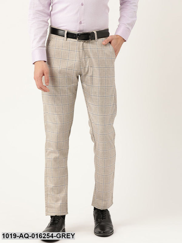 Men's Cotton Blend Light Grey & Navy Checked Formal Trousers - Sojanya