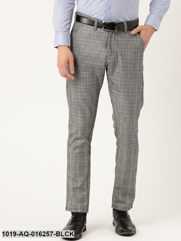 Men's Cotton Blend Black & Off White Checked Formal Trousers - Sojanya