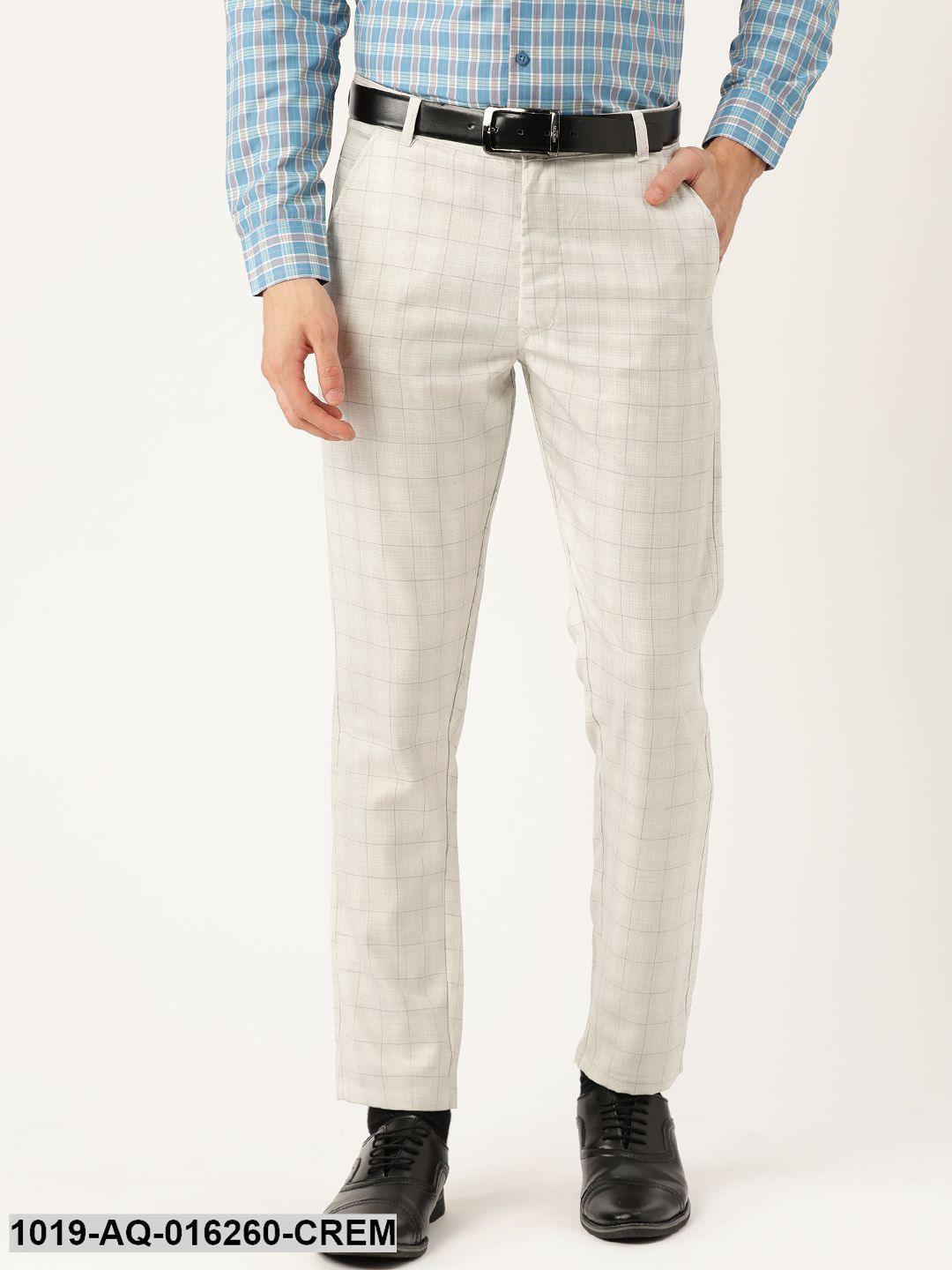 Men's Cotton Blend Cream & Grey Checked Formal Trousers - Sojanya - Indiakreations