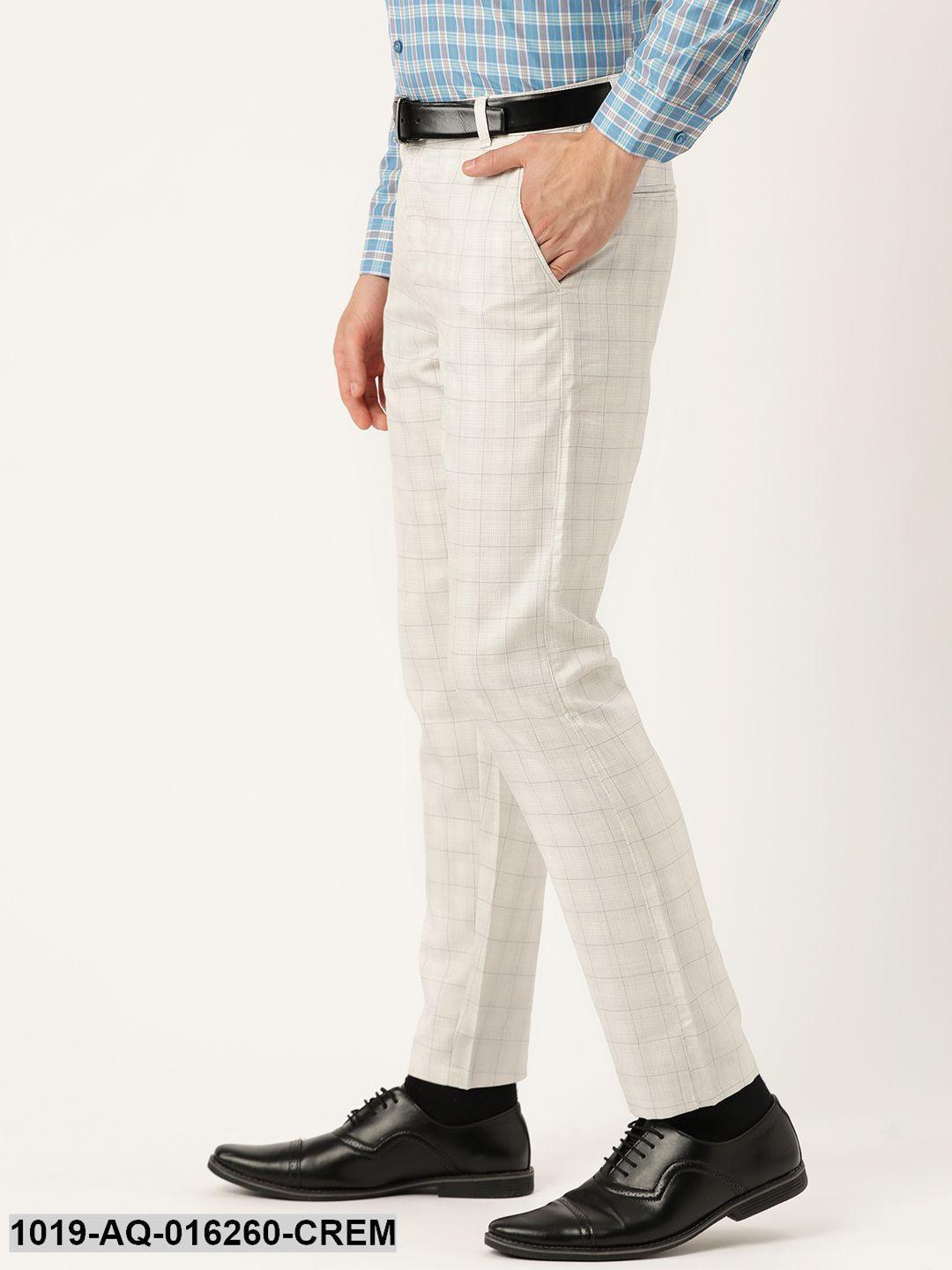 Men's Cotton Blend Cream & Grey Checked Formal Trousers - Sojanya - Indiakreations