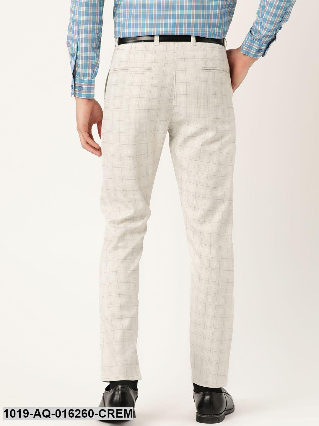 Men's Cotton Blend Cream & Grey Checked Formal Trousers - Sojanya - Indiakreations