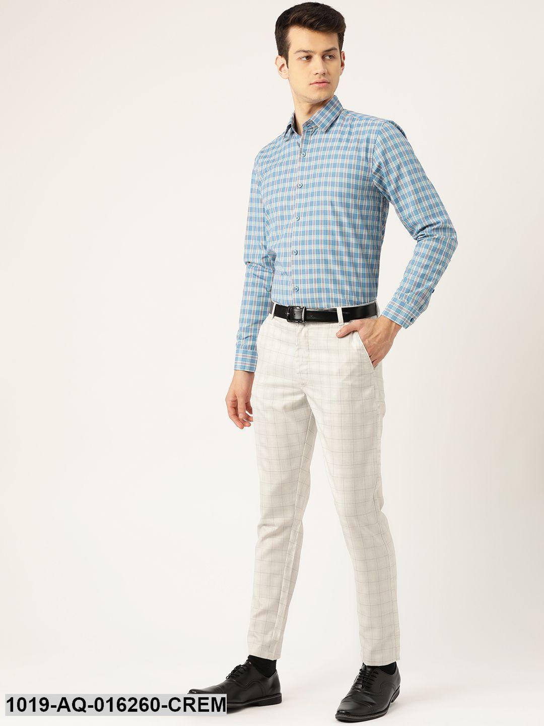 Men's Cotton Blend Cream & Grey Checked Formal Trousers - Sojanya - Indiakreations