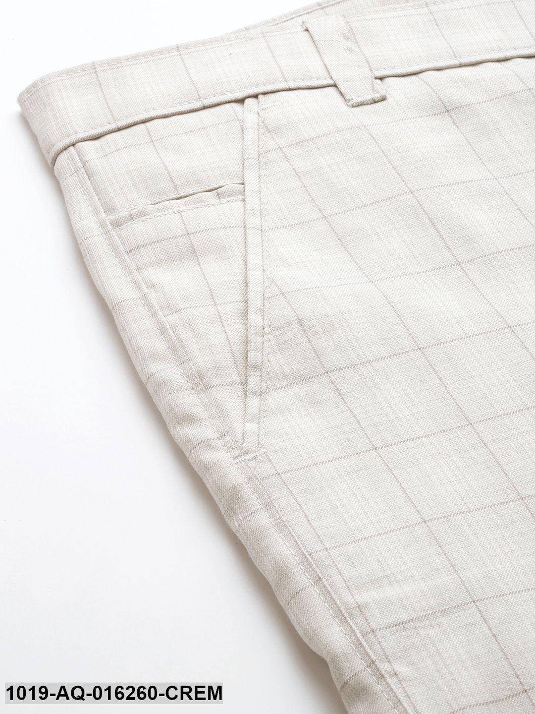 Men's Cotton Blend Cream & Grey Checked Formal Trousers - Sojanya - Indiakreations