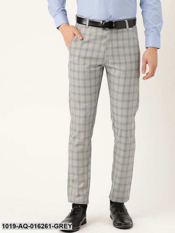 Men's Cotton Blend Grey & Blue Checked Formal Trousers - Sojanya