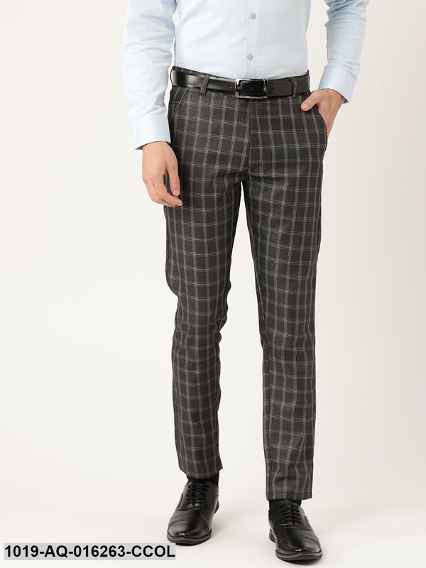 Men's Cotton Blend Charcoal Grey & Grey Checked Formal Trousers - Sojanya