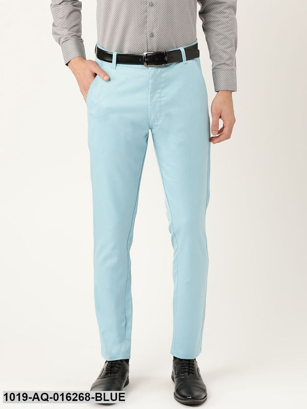 Men's Cotton Blend Sky Blue Solid Formal Trousers - Sojanya