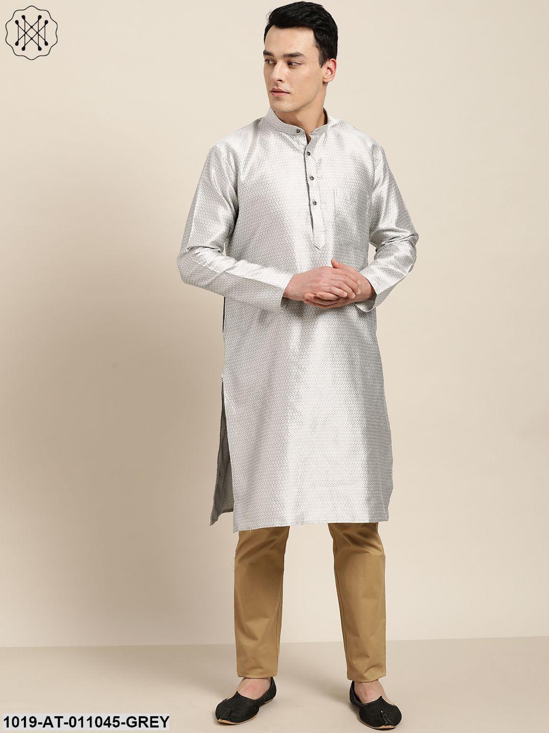 Men's Silk Blend Grey Self Design Only Kurta - Sojanya - Indiakreations