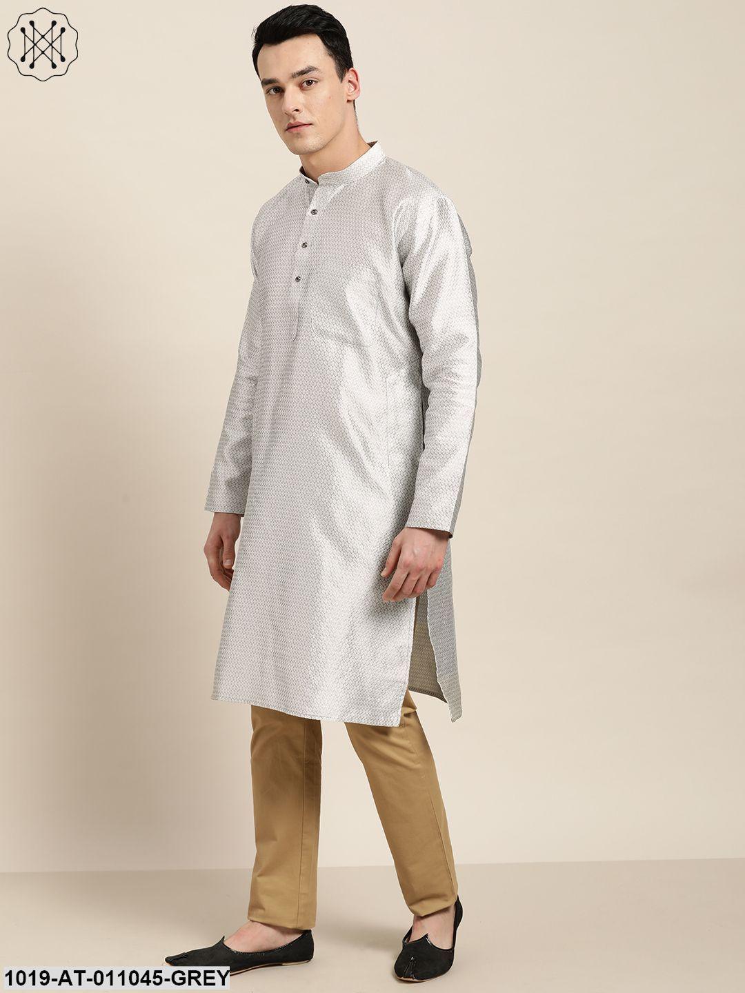 Men's Silk Blend Grey Self Design Only Kurta - Sojanya - Indiakreations