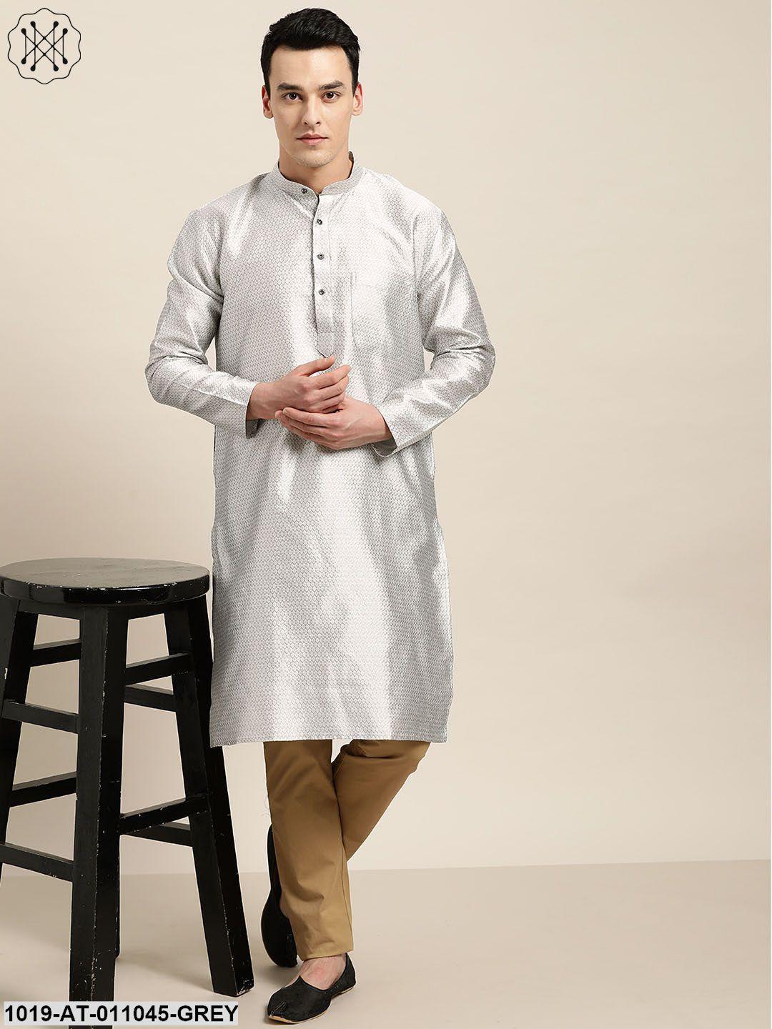 Men's Silk Blend Grey Self Design Only Kurta - Sojanya - Indiakreations