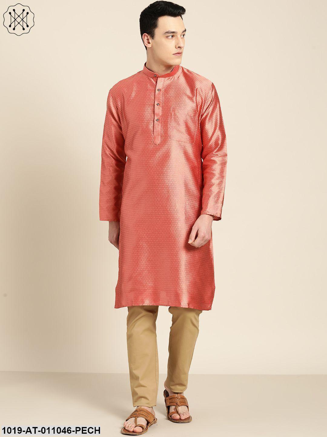 Men's Silk Blend Dark Peach Self Design Only Kurta - Sojanya - Indiakreations