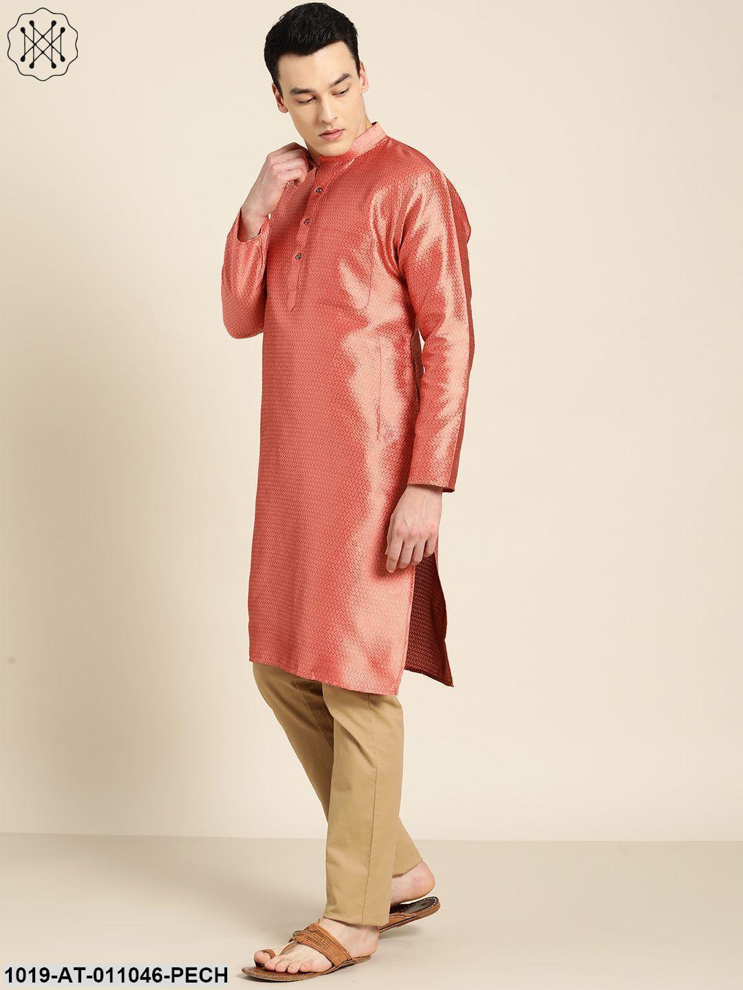 Men's Silk Blend Dark Peach Self Design Only Kurta - Sojanya - Indiakreations