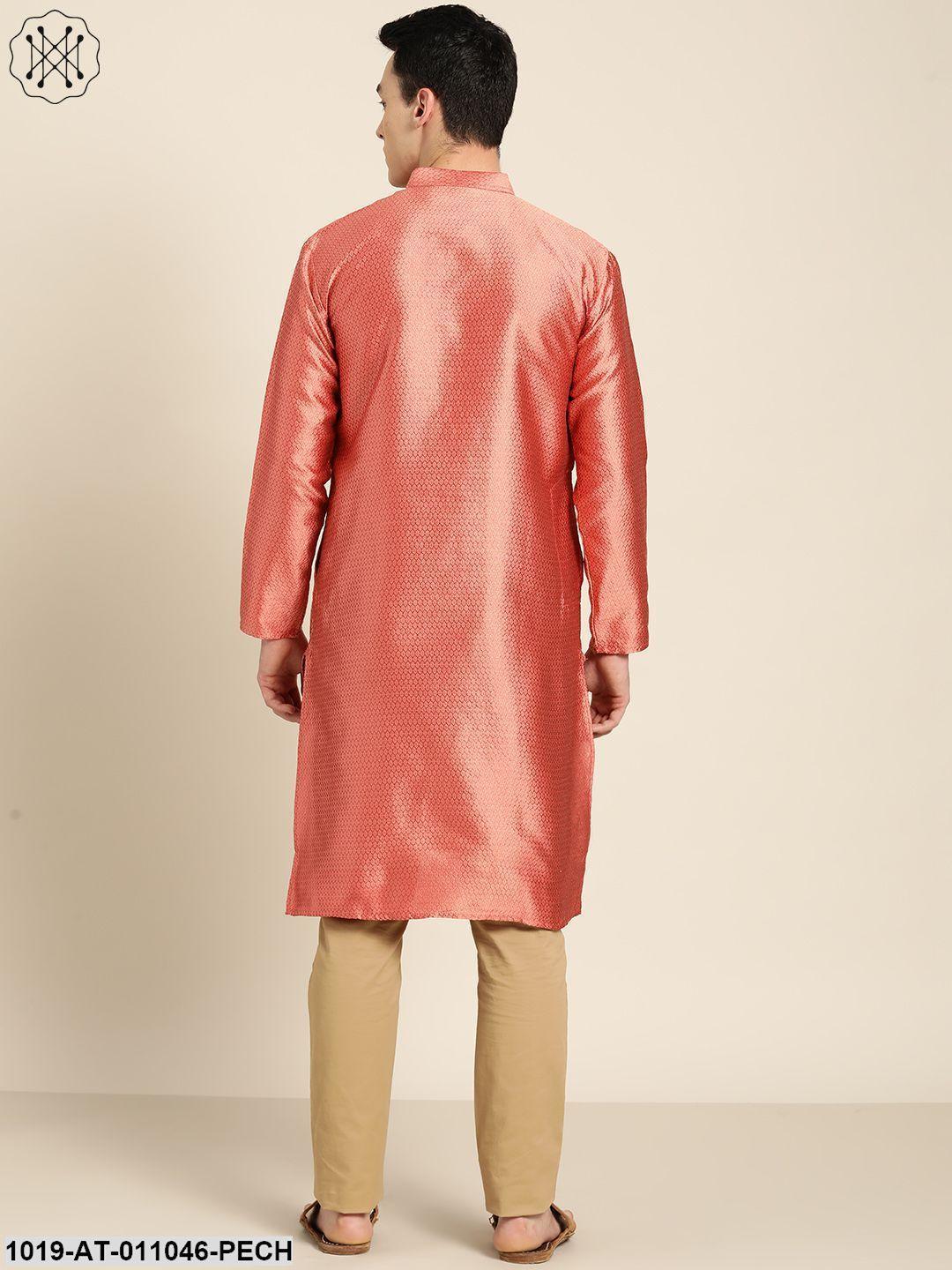 Men's Silk Blend Dark Peach Self Design Only Kurta - Sojanya - Indiakreations