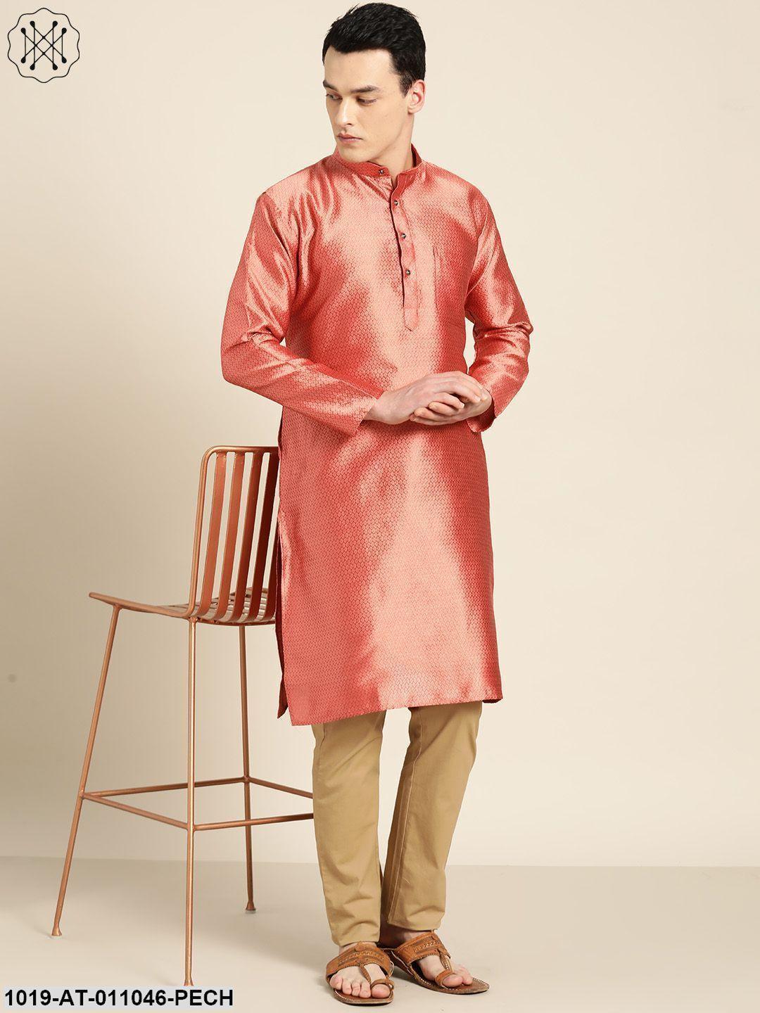 Men's Silk Blend Dark Peach Self Design Only Kurta - Sojanya - Indiakreations