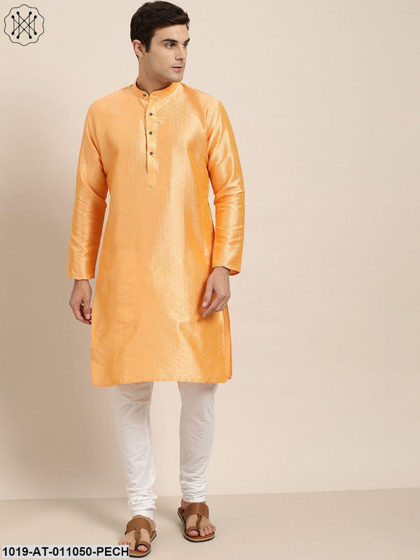 Men's Silk Blend Peach Self Design Only Kurta - Sojanya - Indiakreations