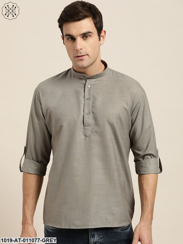 Men's Cotton Grey Solid Short Kurta - Sojanya