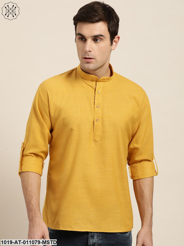 Men's Cotton Mustard Solid Short Kurta - Sojanya