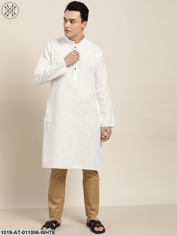 Men's Cotton Blend White Woven Design Only Long Kurta - Sojanya