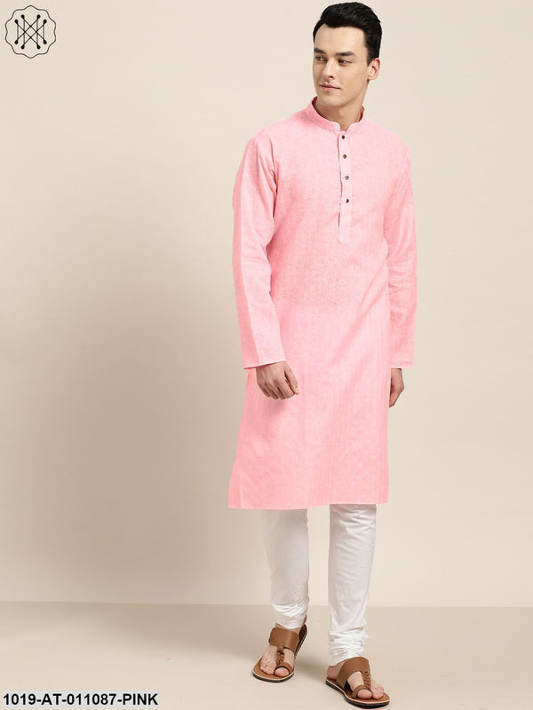 Men's Cotton Blend Pink Woven Design Only Long Kurta - Sojanya