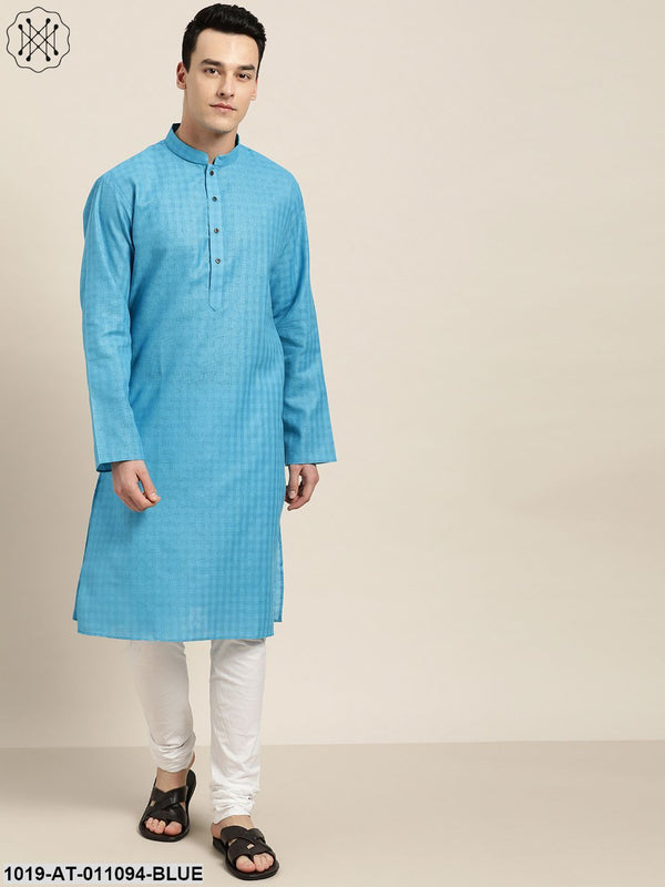 Men's Cotton Blend Peacock Blue Woven Design Only Long Kurta - Sojanya