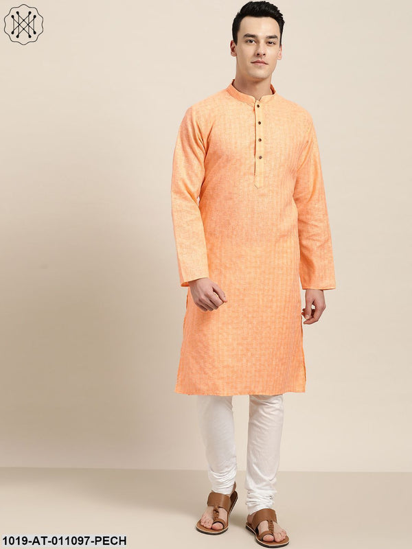 Men's Cotton Blend Peach Woven Design Only Long Kurta - Sojanya