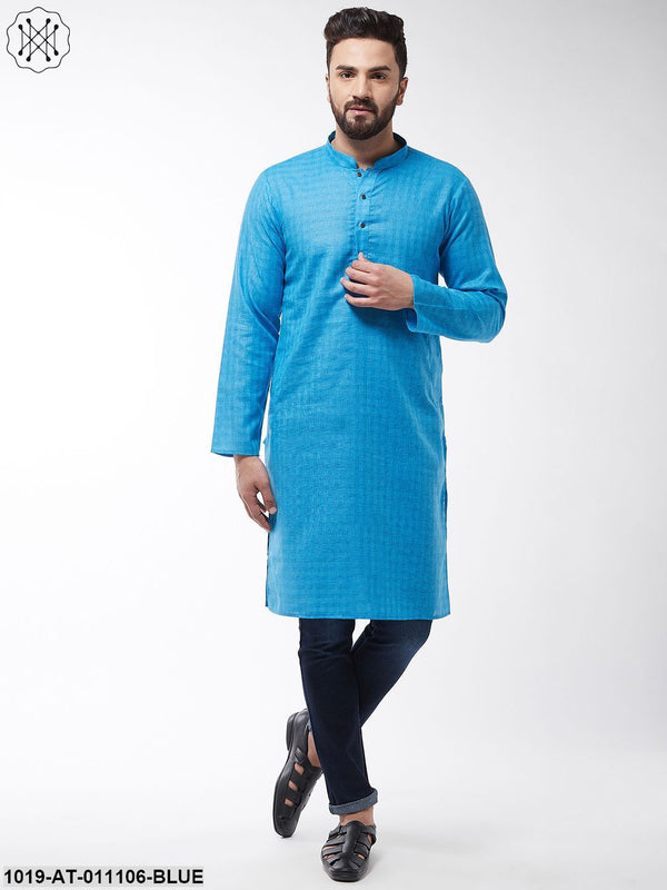 Men's Cotton Blend Peacock Blue Woven Design Only Long Kurta - Sojanya