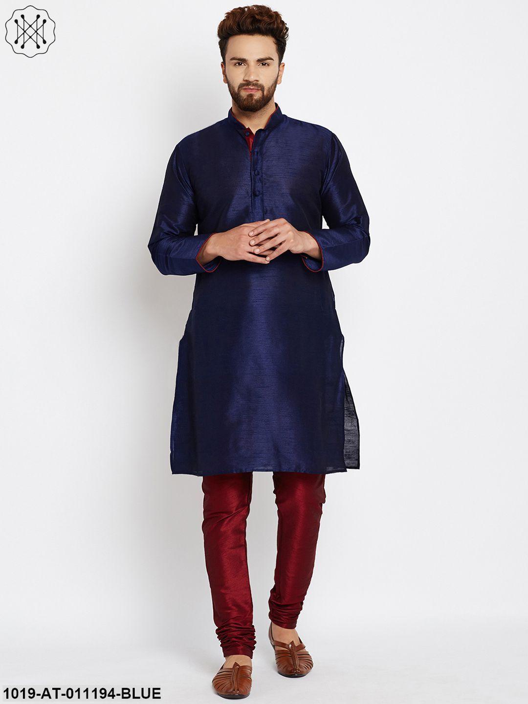 Men's Royal Blue, Dupion Silk Kurta - Sojanya - Indiakreations