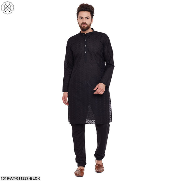 Men's Black,  100% Cotton Chicken Kurta - Sojanya