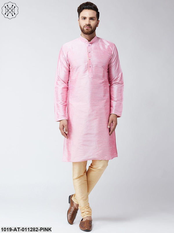 Men's Pink Dupion Silk Only Long Kurta - Sojanya - Indiakreations