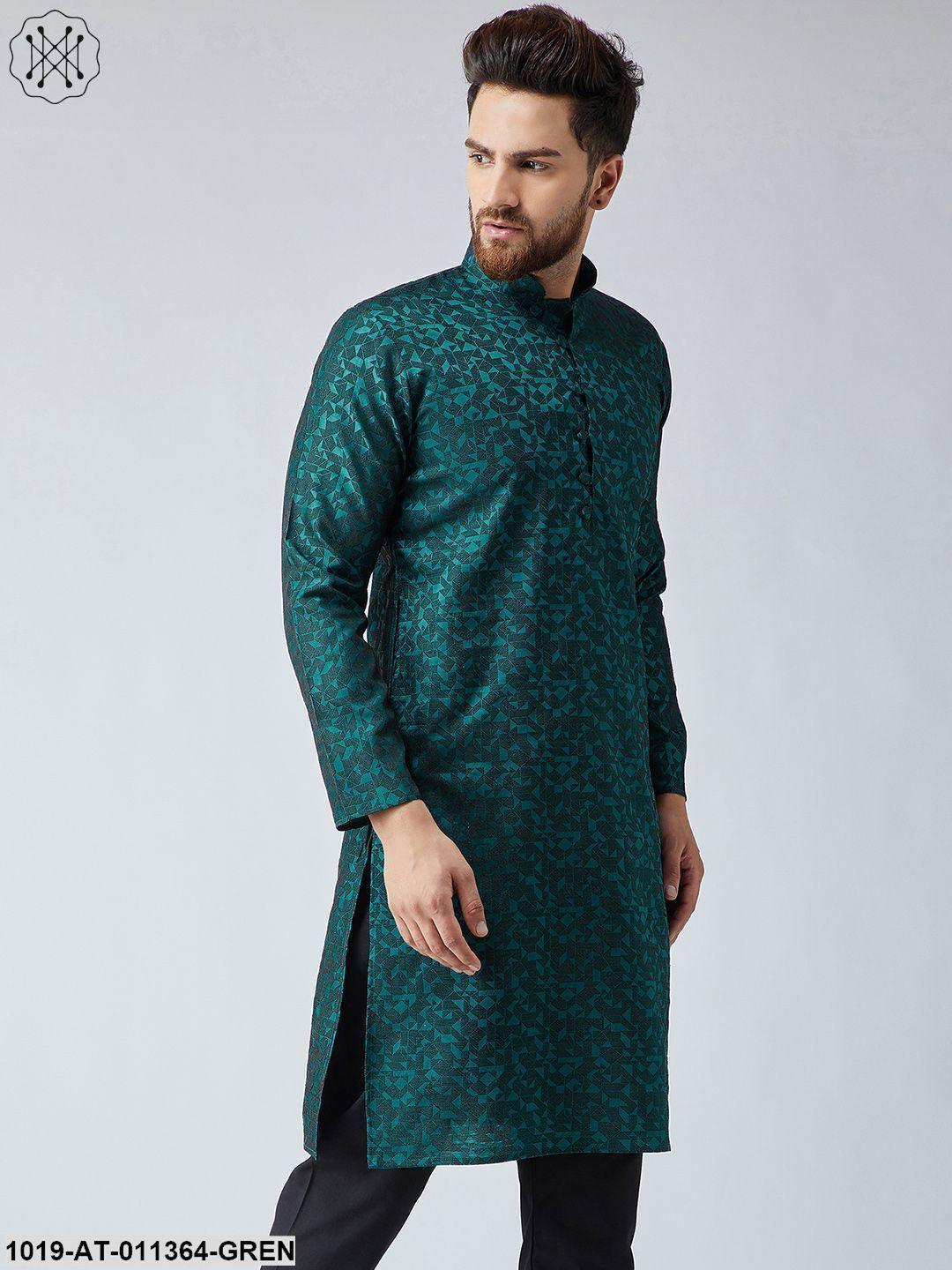 Men's Silk Blend Teal Green Only Long Kurta - Sojanya - Indiakreations