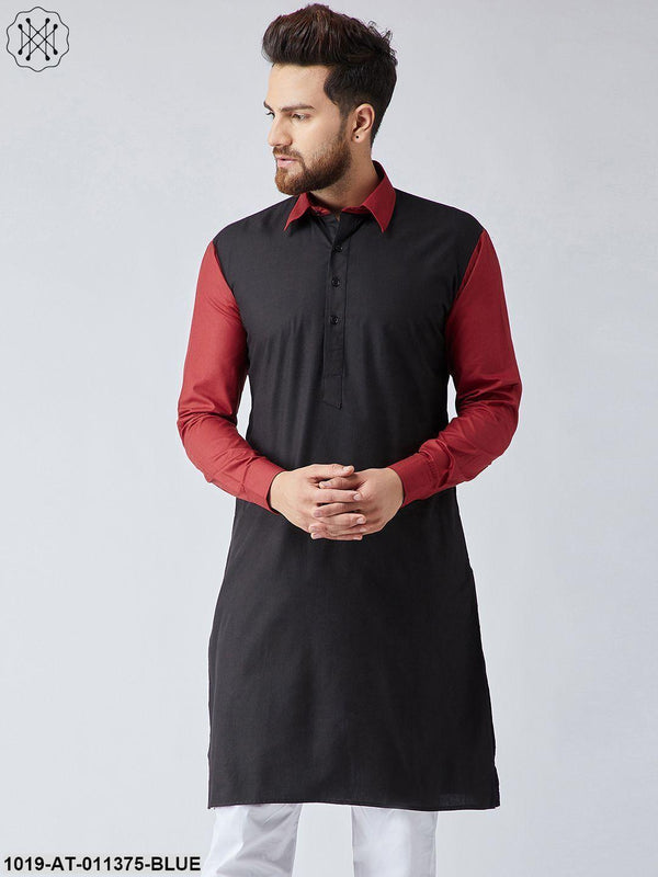 Men's Cotton Navy Blue & Light Grey Only Long Kurta - Sojanya - Indiakreations