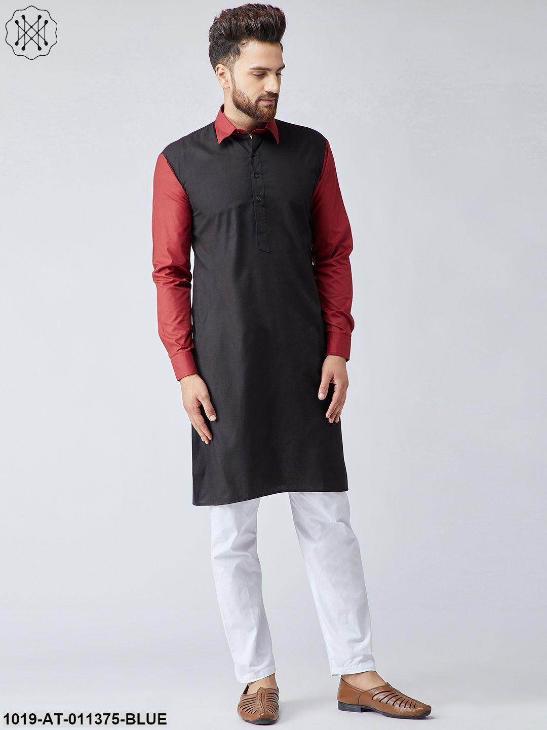 Men's Cotton Navy Blue & Light Grey Only Long Kurta - Sojanya - Indiakreations