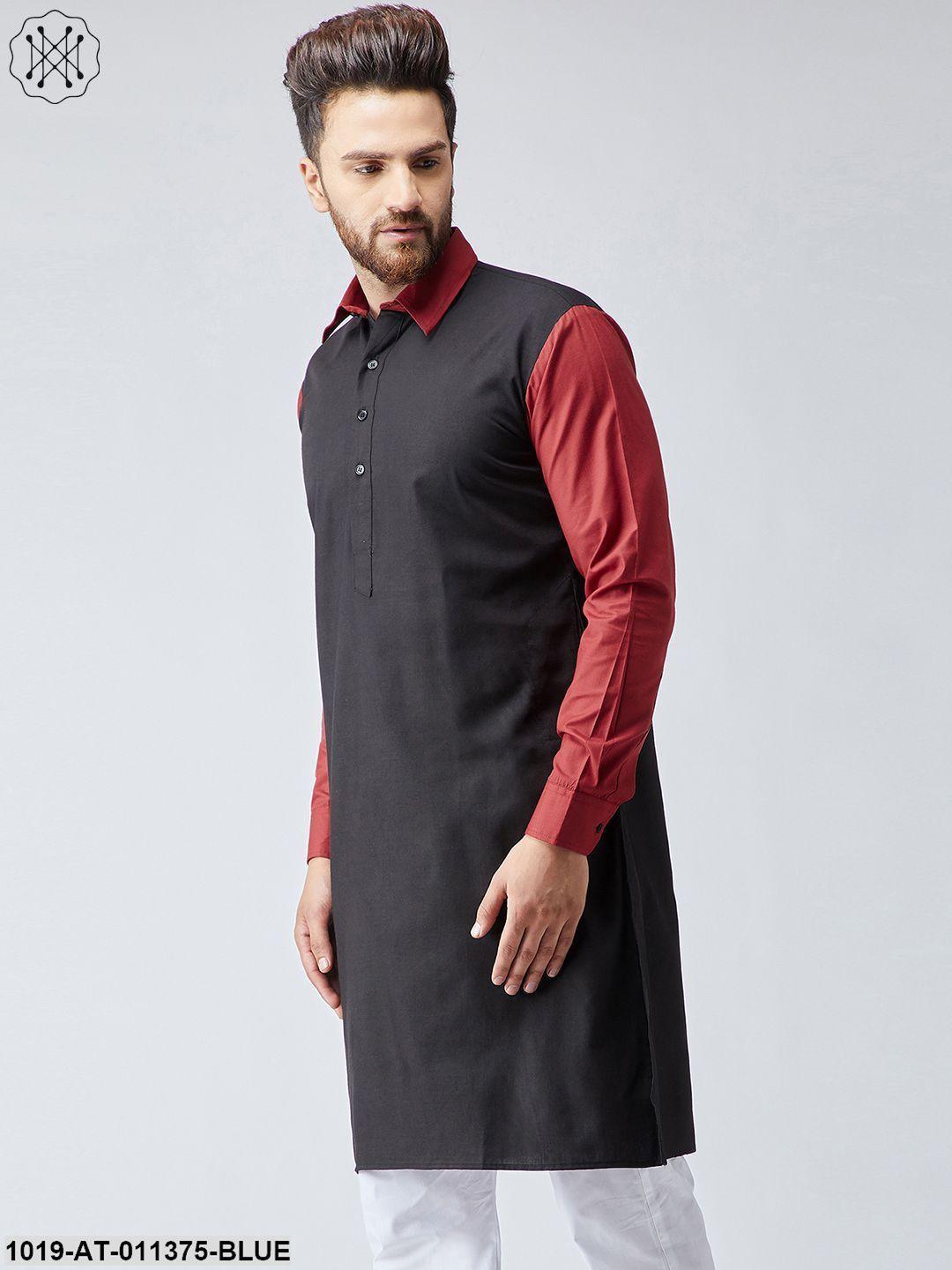 Men's Cotton Navy Blue & Light Grey Only Long Kurta - Sojanya - Indiakreations