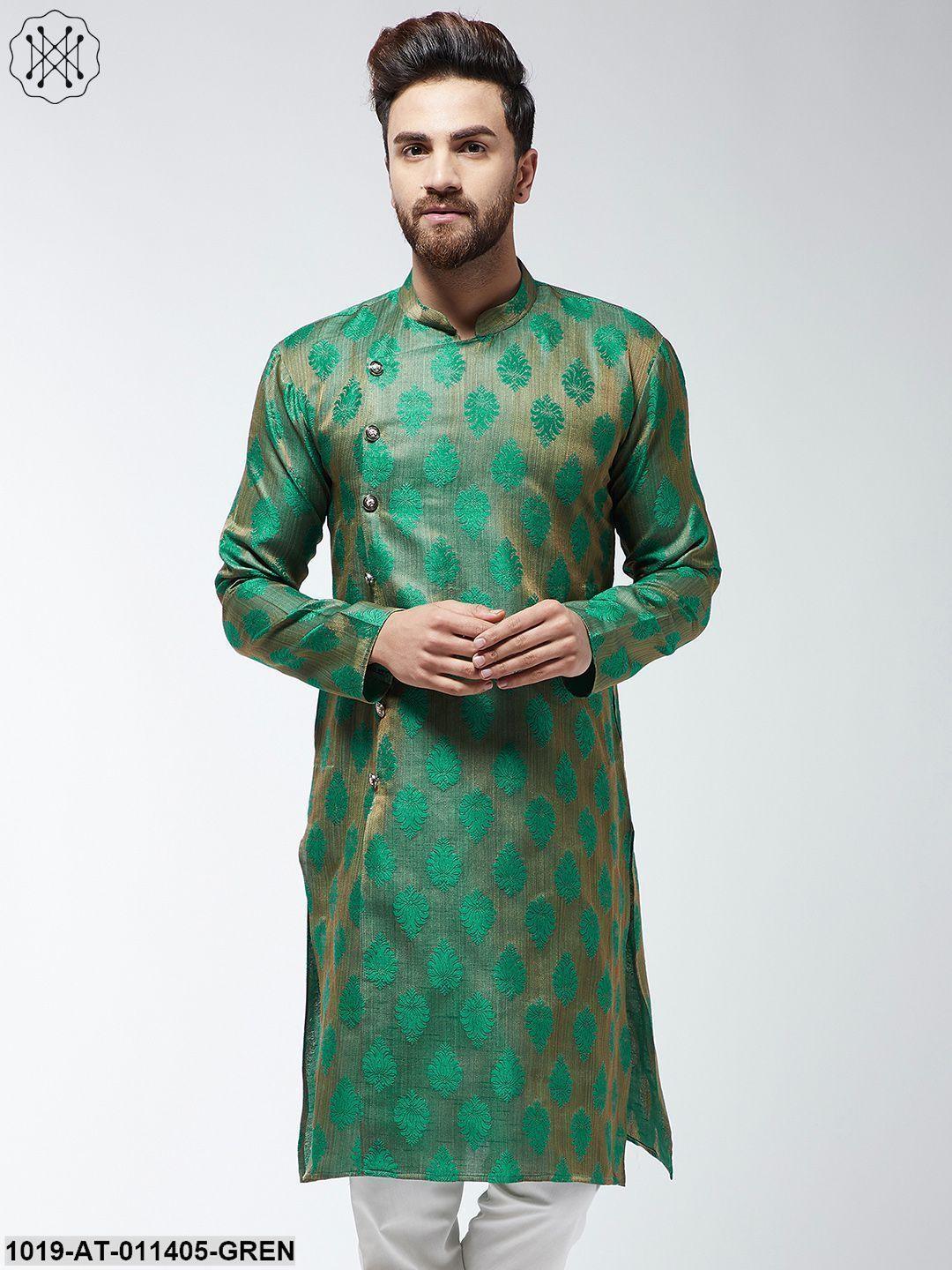 Men's Jacquard Silk Dark Green Printed Only Long Kurta - Sojanya - Indiakreations