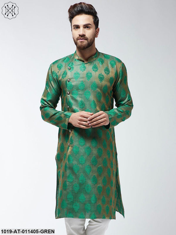 Men's Jacquard Silk Dark Green Printed Only Long Kurta - Sojanya - Indiakreations