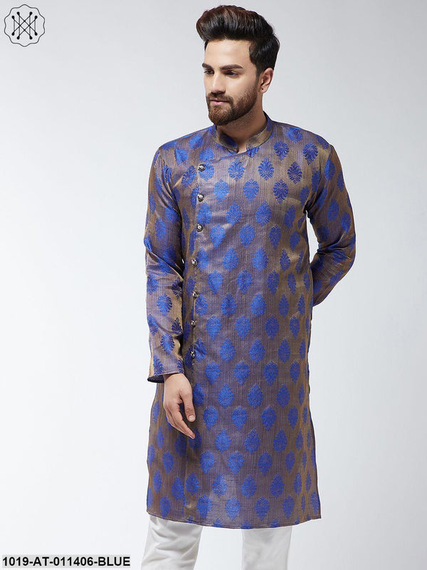 Men's Jacquard Silk Blue Printed Only Long Kurta - Sojanya - Indiakreations