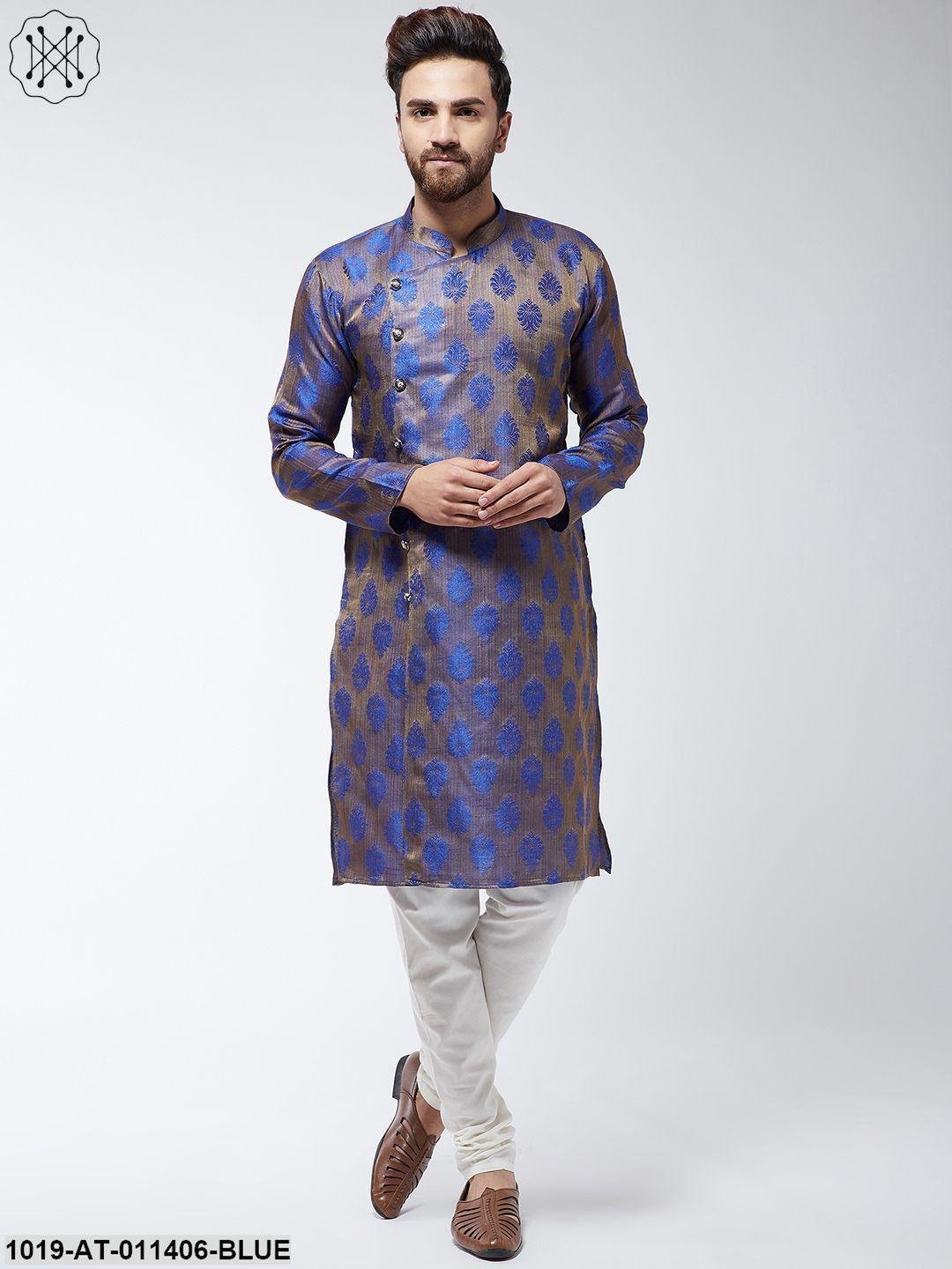 Men's Jacquard Silk Blue Printed Only Long Kurta - Sojanya - Indiakreations