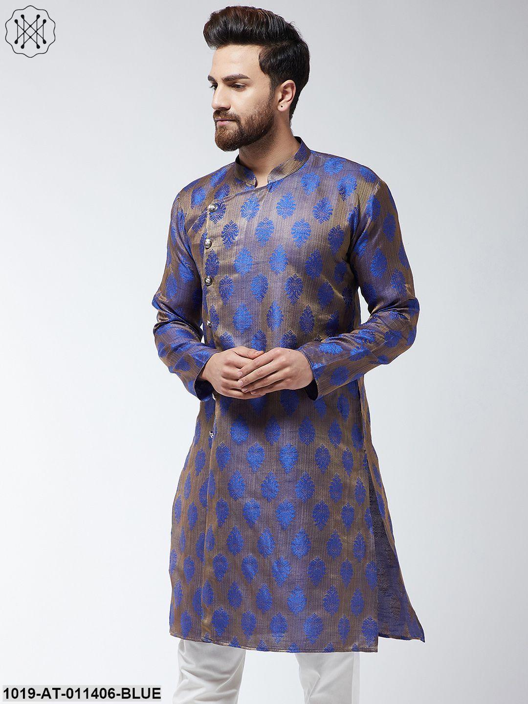 Men's Jacquard Silk Blue Printed Only Long Kurta - Sojanya - Indiakreations