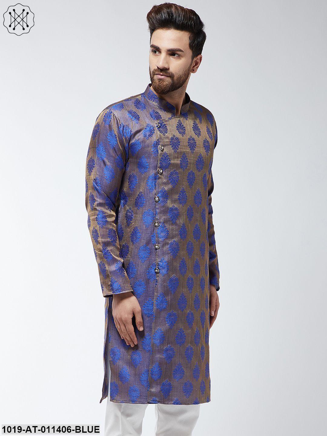 Men's Jacquard Silk Blue Printed Only Long Kurta - Sojanya - Indiakreations