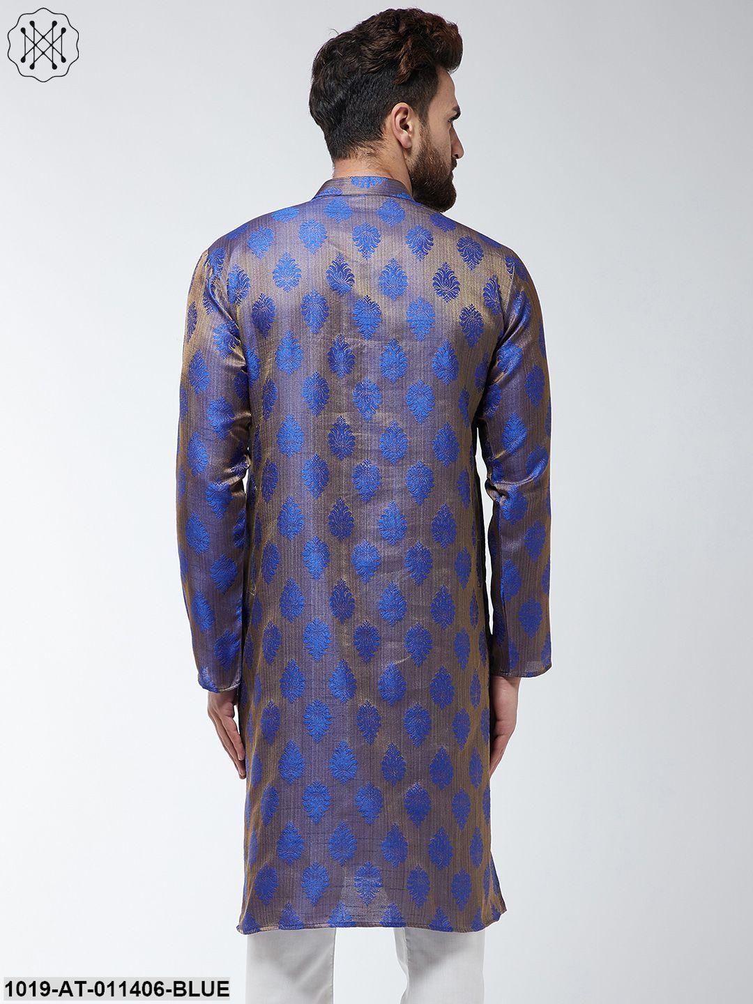 Men's Jacquard Silk Blue Printed Only Long Kurta - Sojanya - Indiakreations