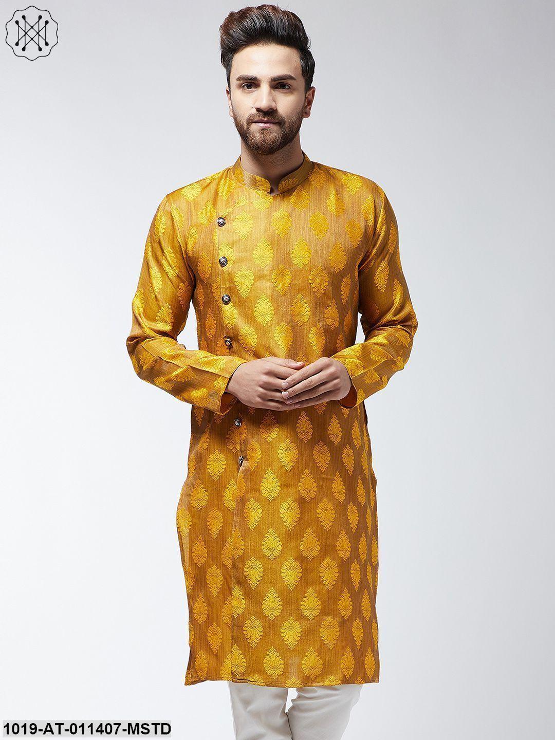 Men's Jacquard Silk Mustard Printed Only Long Kurta - Sojanya - Indiakreations